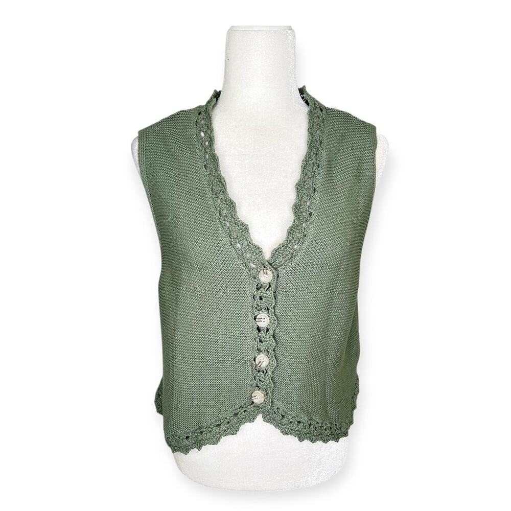 Francesca's Closet Sage Green Knit Crochet  Cotton Vest Decorative Button LGE